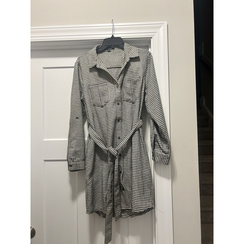 Black White Checkered Houndstooth Long Sleeve Button Down Shirt Dress Size Large